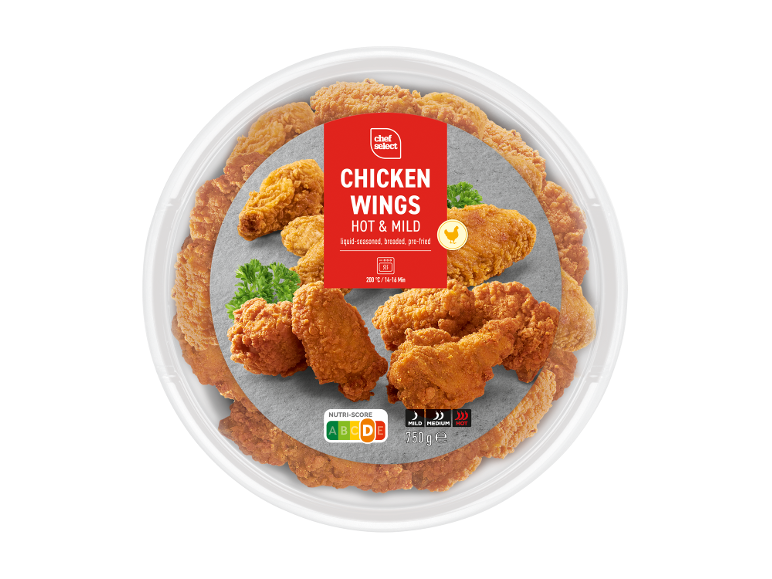 Piščančje perutničke, pekoče in blage, tekoče začinjene, panirane, predhodno ocvrte, 750g.