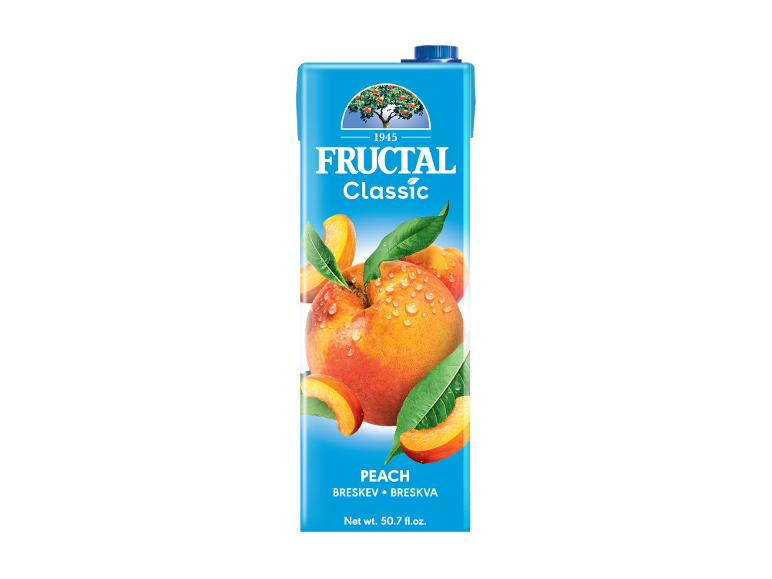 Karton breskovega soka z breskvami in listi, besedilo 'PEACH', 'Net wt. 50.7 fl.oz.'