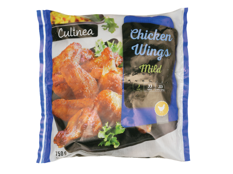 Vrečka 750g zamrznjenih blagih piščančjih krilc v modri in beli embalaži.