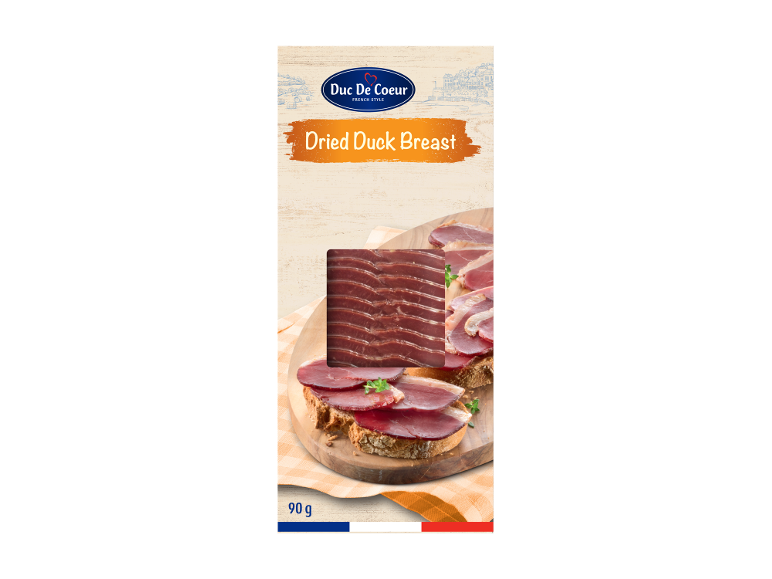 Embalaža za sušena račja prsa, prikazuje rezine na kruhu in v pladnju, 90g.