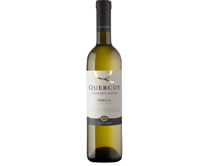 Steklenica belega vina z etiketo, na kateri piše »Rebula« in »Vrhunsko vino ZGP«.