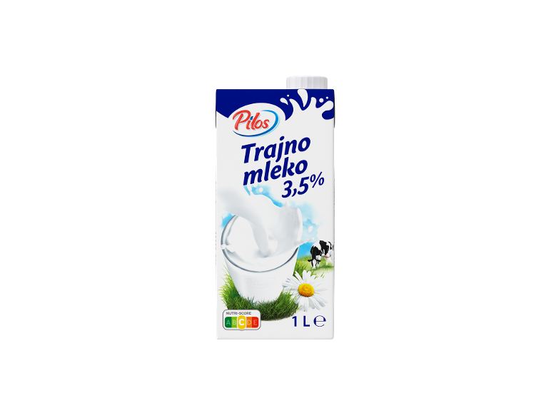 Škatla 3,5% mleka z nalitim kozarcem mleka, travo, marjetico in kravo.