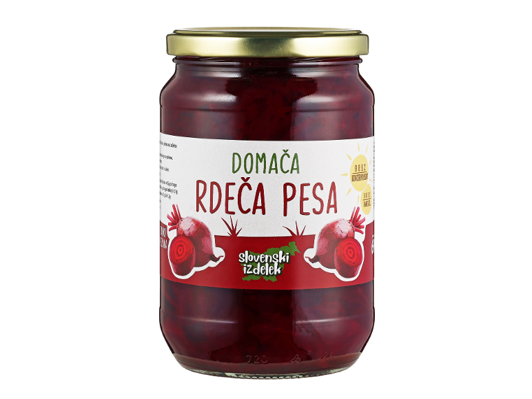 Kozarec vložene rdeče pese z etiketo 