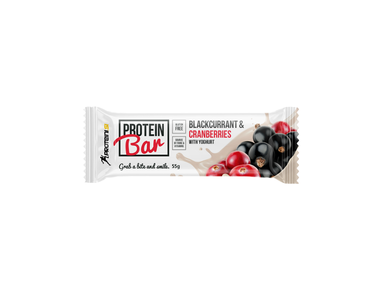 Proteinska ploščica s črnim ribezom in brusnicami z jogurtom, brez glutena, vir vlaknin in vitaminov.
