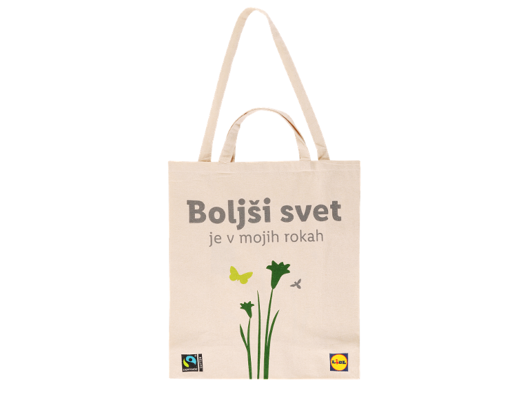 Bež nakupovalna torba z napisom „Boljši svet je v mojih rokah“ in cvetličnim motivom.