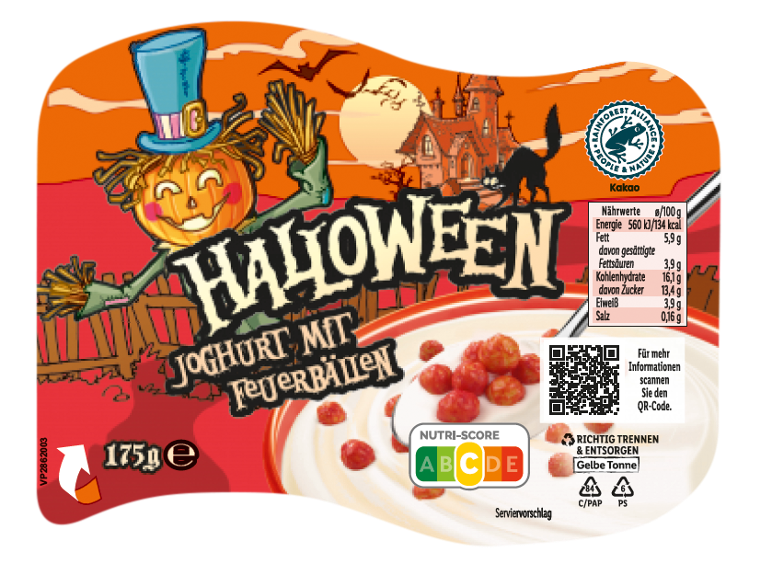 Halloween jogurt z ognjenimi kroglicami, bučnim strašilom in hišo strahov.