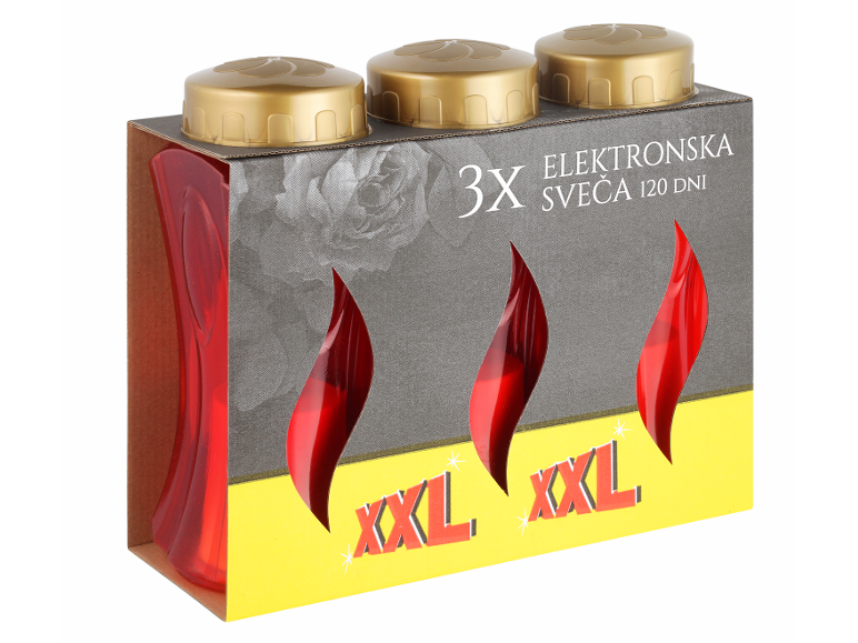 Paket 3 rdečih XXL elektronskih sveč z življenjsko dobo 120 dni.
