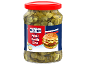 Kozarec vloženih kumaric v rezinah z etiketo, ki prikazuje hamburger.