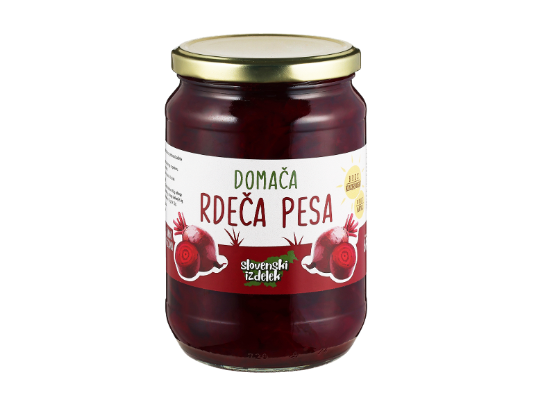 Kozarec vložene rdeče pese z etiketo 'DOMAČA RDEČA PESA'.