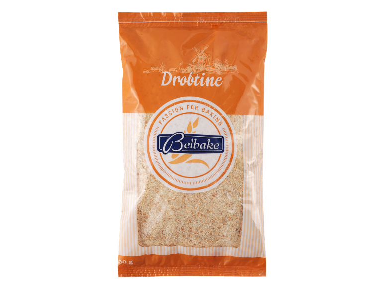 Paket drobtin z logotipom, ki piše „Passion for Baking“ in „Drobține“.