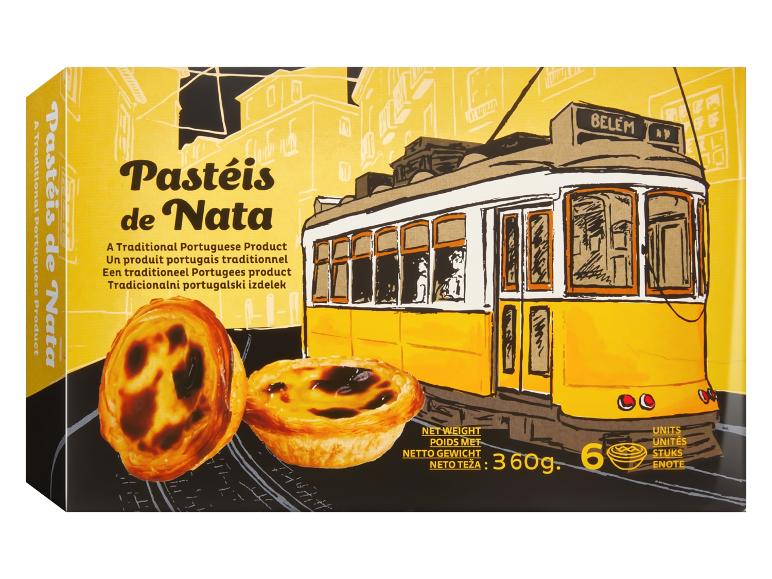Škatla Pastéis de Nata, tradicionalni portugalski izdelek, z ilustracijo tramvaja.