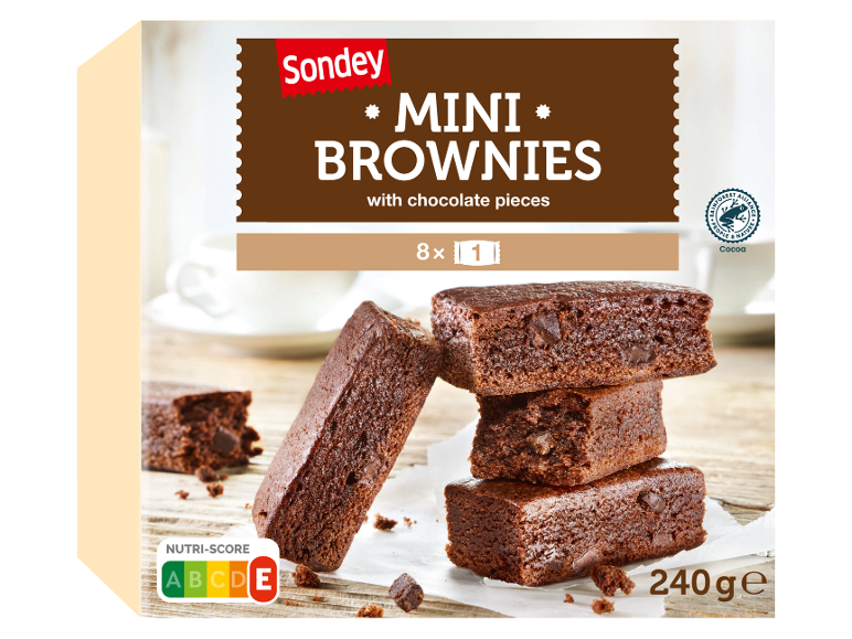 Mini browniji s koščki čokolade, 8 kosov, 240g, z Nutri-Score E in certifikatom Rainforest Alliance.