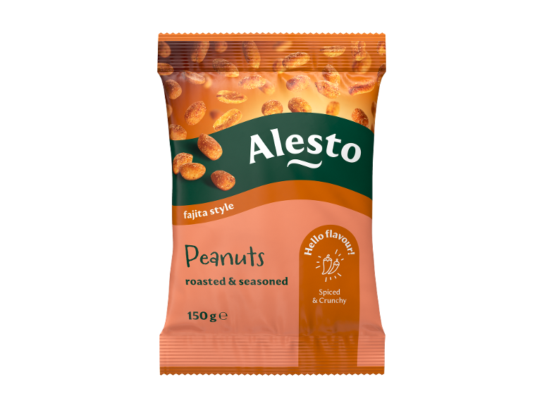 Vrečka arašidov v stilu fajite, praženih in začinjenih, z napisom »Hello flavour! Spiced & Crunchy«.