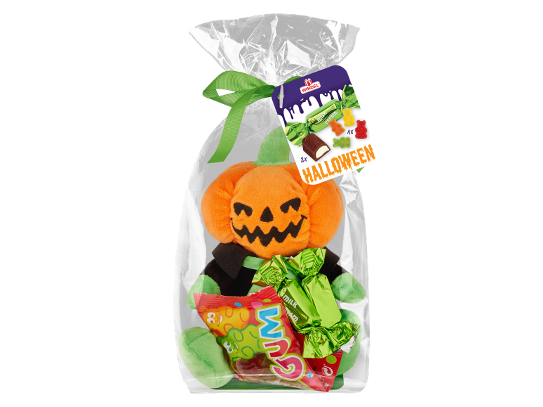 Halloween darilna vrečka s plišasto bučo, gumijastimi bonboni in čokoladami.