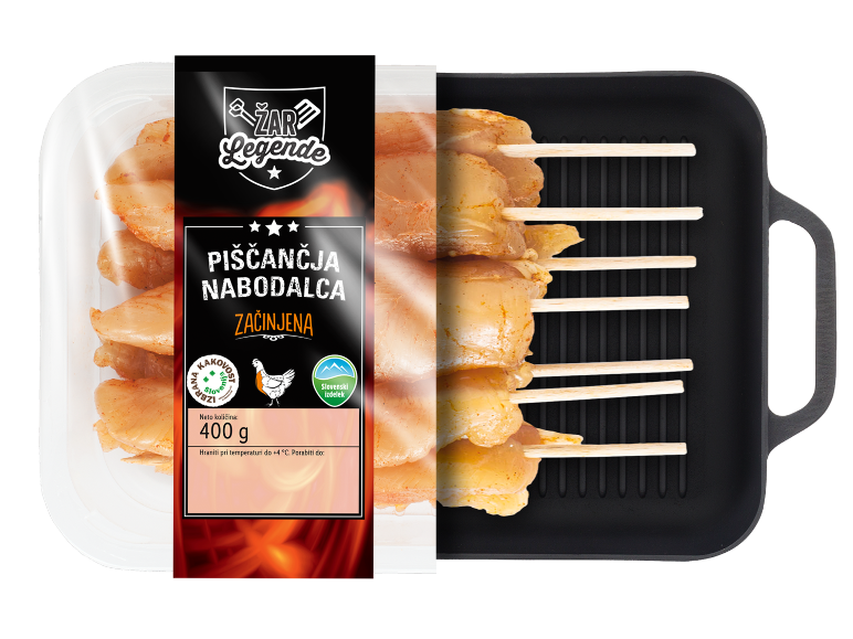 Pakirani in pečeni marinirani piščančji nabodalca, 400g.