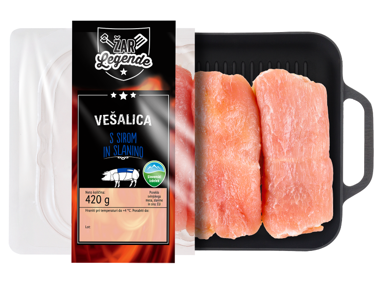 Svinjsko meso, polnjeno s sirom in slanino, z etiketo 420g.