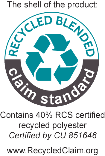 Pečat Recycled Blended Claim Standard: Vsebuje 40 % RCS certificiranega recikliranega poliestra, certificirano s strani CU 851646.