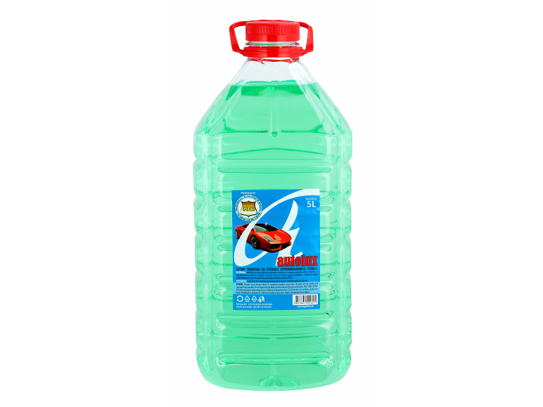 5L zelene tekočine za čiščenje vetrobranskega stekla z nalepko rdečega avtomobila.