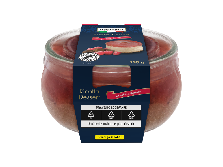 Ricotta sladica z giandujo in malinami v steklenem kozarcu, 110 g, z navodili za recikliranje.