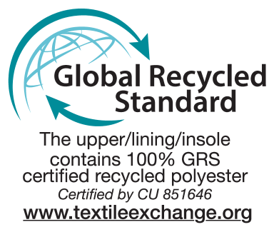 Pečat Global Recycled Standard: Zgornji del/podloga/vložek vsebuje 100% GRS certificiran recikliran poliester. Certificirano s strani CU 851646. www.textileexchange.org