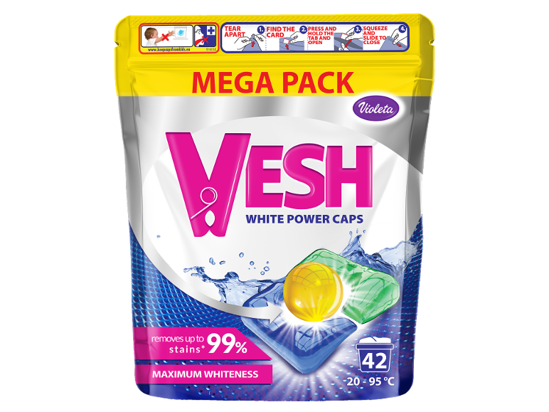 Pakiranje pralnih kapsul 'MEGA PACK' z napisom 'WHITE POWER CAPS'.