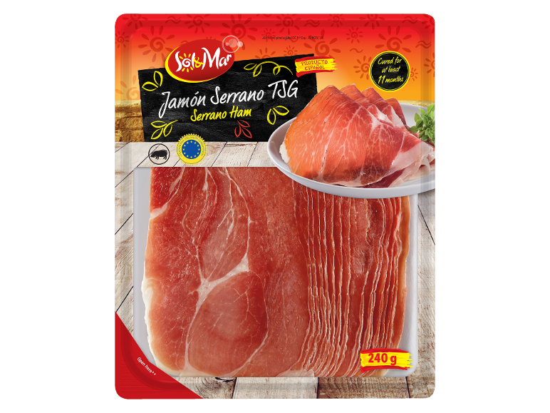 Pakirana serrano šunka, zorjena vsaj 11 mesecev, 240 g španskega izdelka.