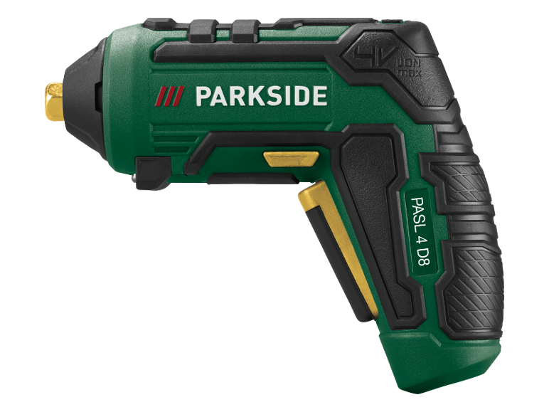 Zeleni akumulatorski vijačnik z napisom 'PARKSIDE' in 'PASL 4 D8'.