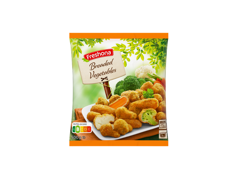 Panirana zelenjava z brokolijem in cvetačo, Nutri-Score B in 500g.