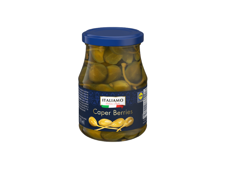Steklen kozarec kaprovih jagod z modrim pokrovom in etiketo z napisom 'Caper Berries'.