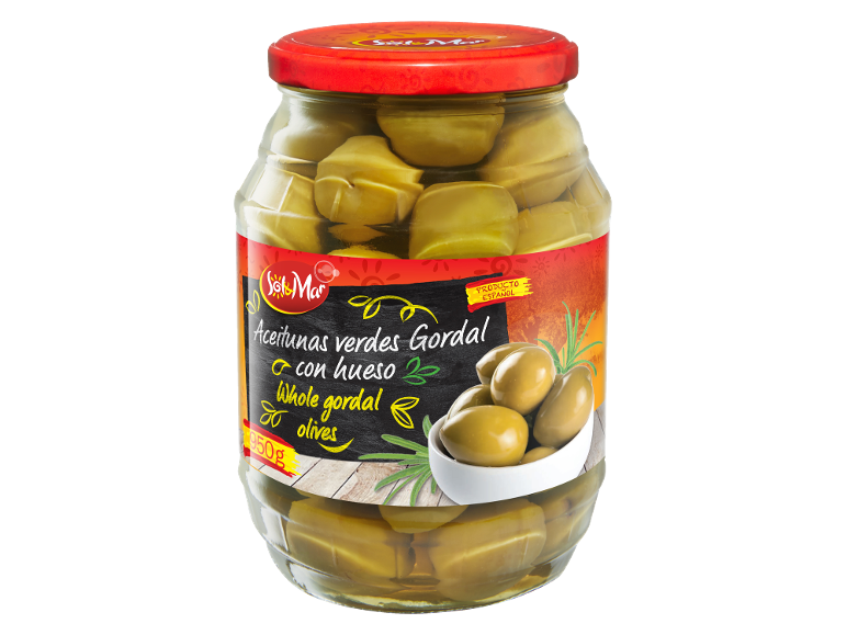 Steklen kozarec celih zelenih oliv s koščicami, s črno in rdečo etiketo, 950g.