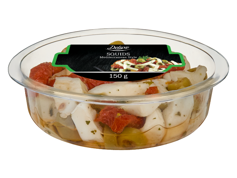 Lignji v mediteranskem slogu v prozorni posodi, 150 g.