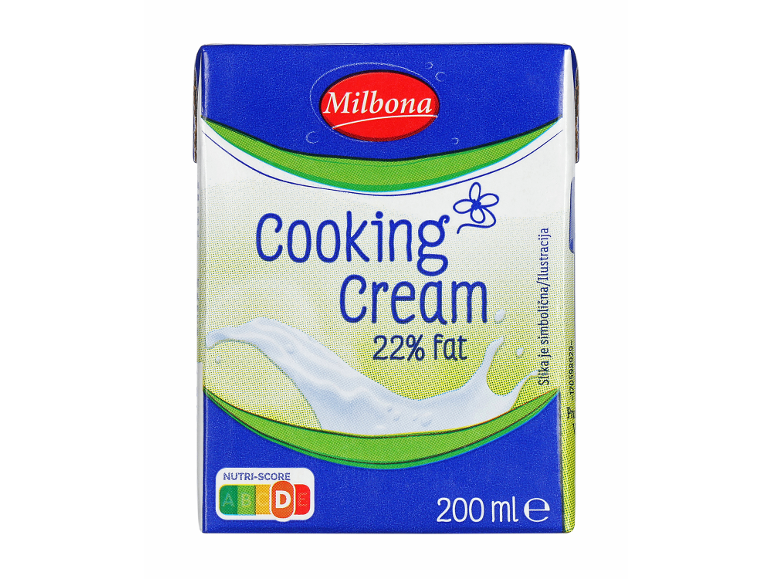 Pakiranje smetane za kuhanje z 22 % maščobe, 200 ml, z oznako Nutri-Score D.