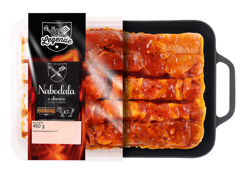 Marinirano meso s slanino v embalaži, z etiketo 'Nabodala s slanino' in neto težo 460g.