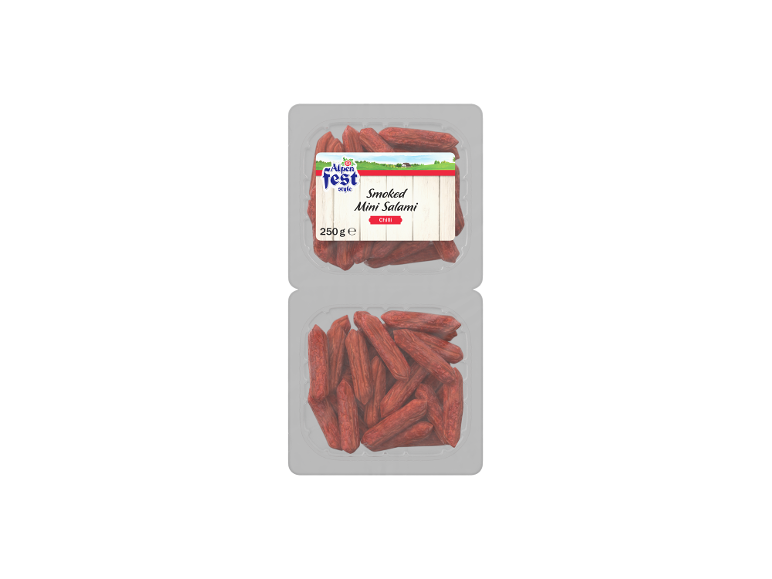 Dve pakiranji dimljene mini salame s čilijem, vsako 250 g.