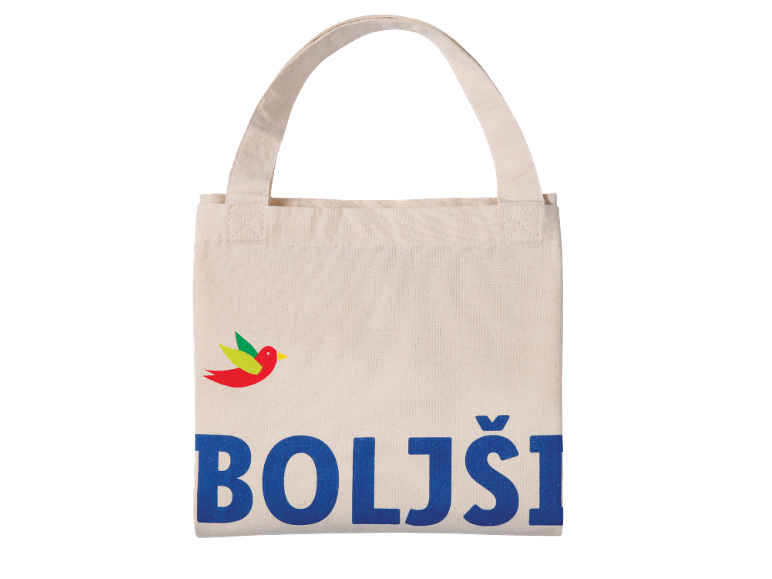 Bombažna torba z barvito ptico in modrim napisom „BOLJŠI“.