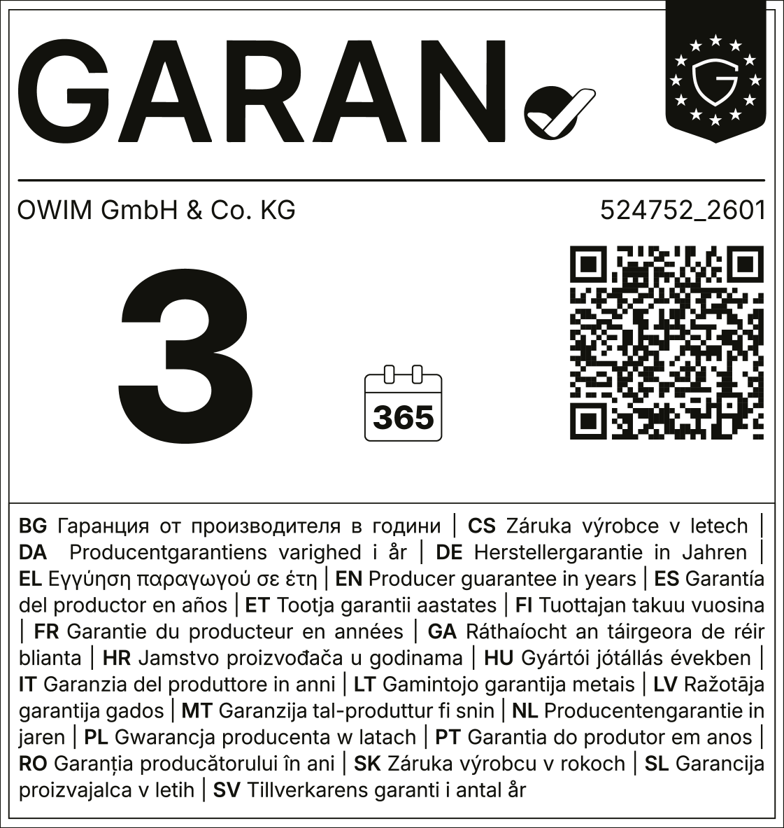 Garancijski pečat: 3 leta, 365 dni, s QR kodo in številko izdelka 524752_2601.