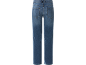Zadnji del modrih jeans hlač z žepi in pasnimi zankami.