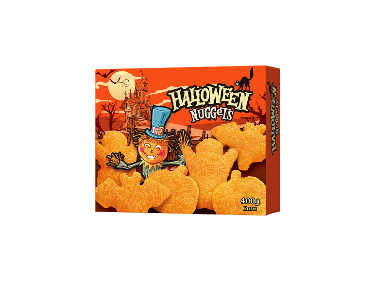 Škatla Halloween piščančjih medaljonov v obliki netopirjev, duhov in buč, 400g, zamrznjeno.