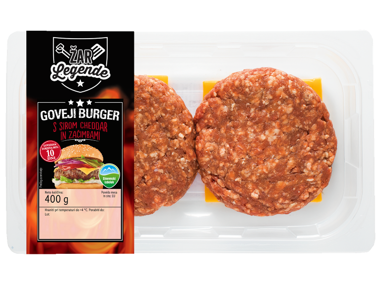 Pakirani goveji burgerji s sirom cheddar in začimbami, etiketa označuje 400g.