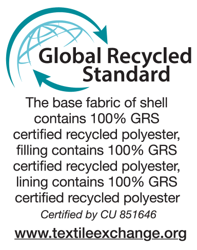 Oznaka Global Recycled Standard: 100% GRS certificiran recikliran poliester za lupino, polnilo in podlogo. Certificirano s strani CU 851646.