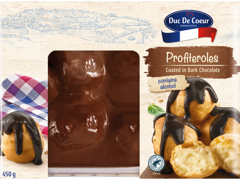 Profiteroli, preliti s temno čokolado, vsebujejo alkohol, francoski stil, 450 g.
