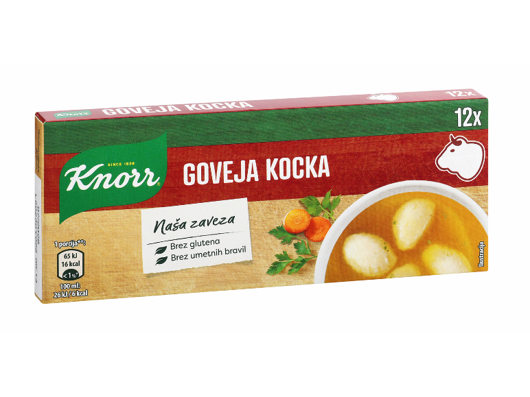 Škatla 12 govejih kock, brez glutena in umetnih dodatkov, z informacijami o hranilni vrednosti.