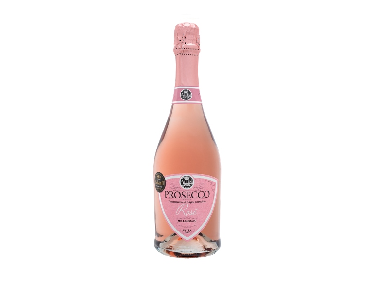 Steklenica Prosecco Rosé Millesimato z rožnato etiketo in pečatom Falstaff.