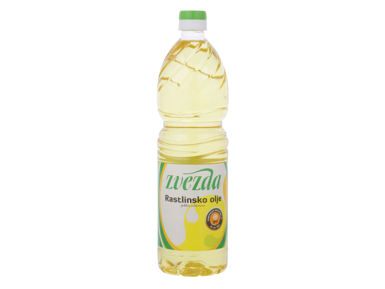 Steklenica rafiniranega rastlinskega olja z zeleno in rumeno etiketo.