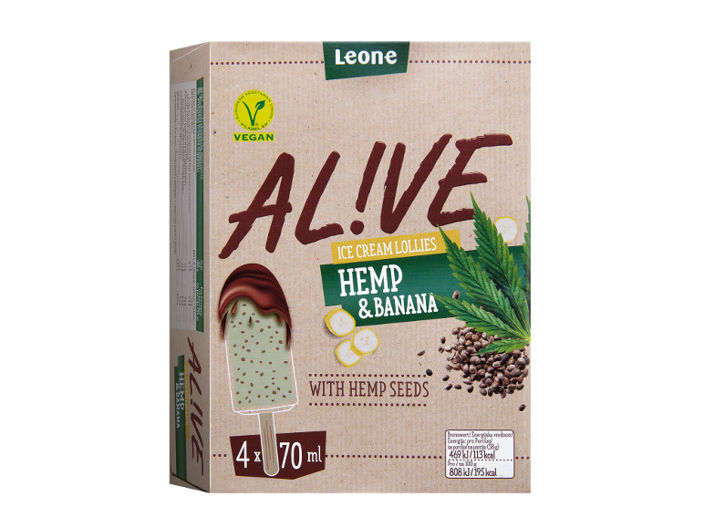 Škatla konopljinih in bananinih sladolednih lučk s konopljinimi semeni, 4 x 70 ml, vegansko.