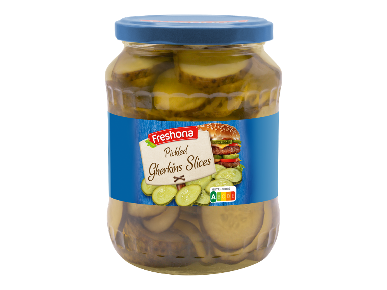 Kozarec vloženih kumaric v rezinah z etiketo, ki prikazuje hamburger in Nutri-Score A.