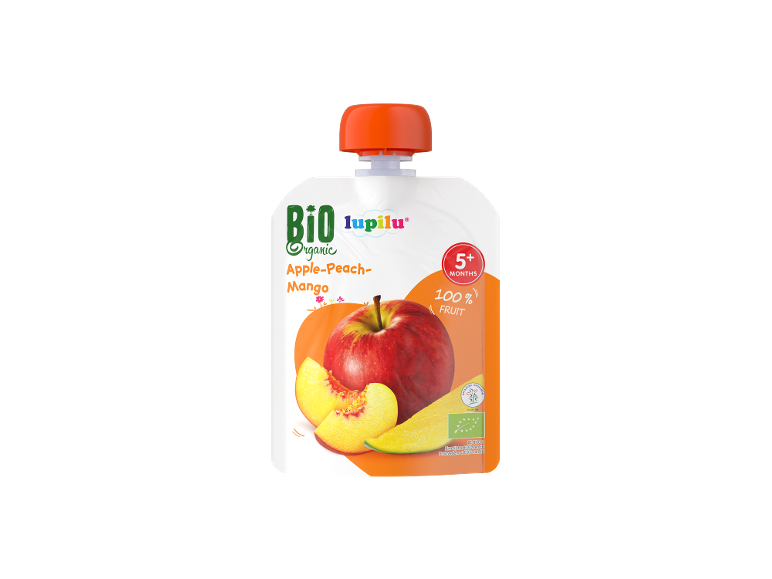 Ekološki sadni pire jabolko-breskev-mango za dojenčke od 5. meseca dalje.