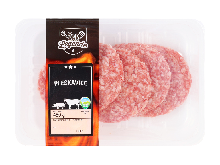 Pakirane pleskavice (mleto meso) z etiketo 'Pleskavice', 480 g