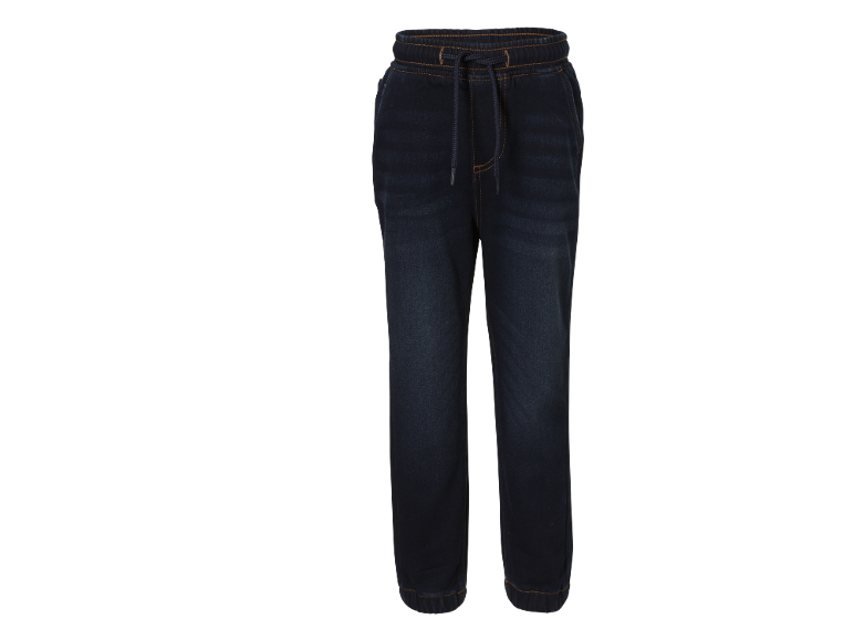 Otroške temno modre jeans jogger hlače z vrvico in kontrastnimi šivi.