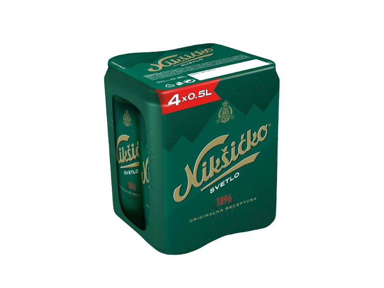 Zeleno pakiranje piva s 4x0,5L steklenicami, z zlatim napisom in letom 1896.